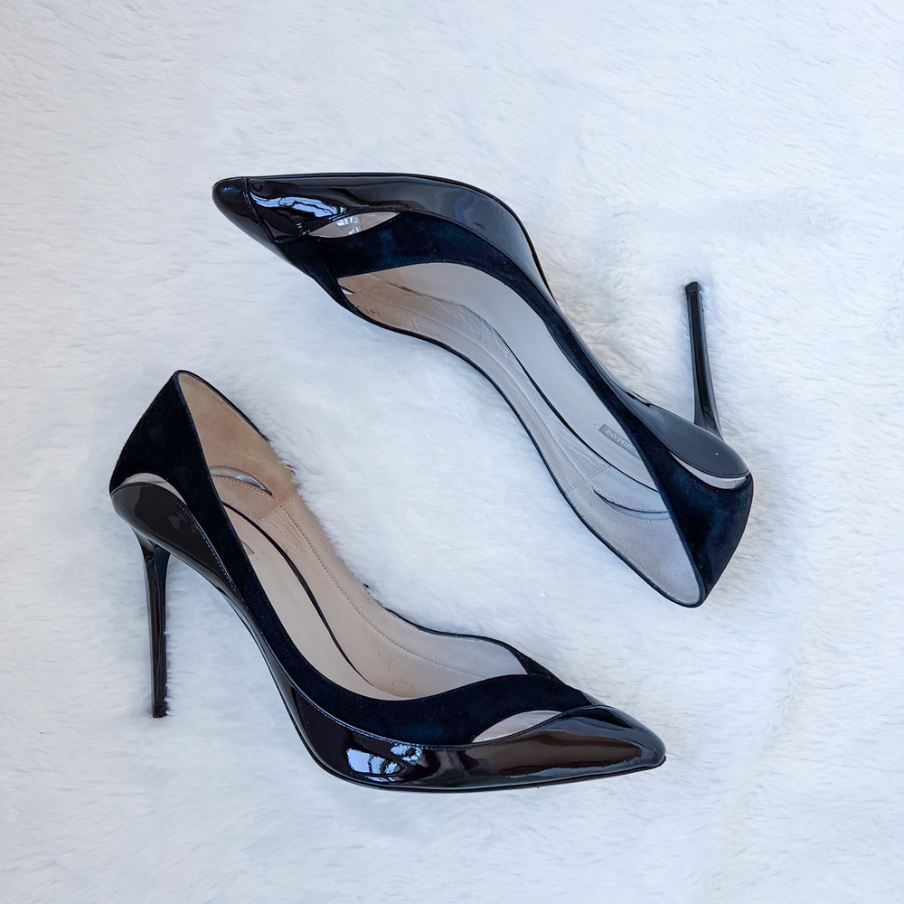Giorgio Armani Black Patent Leather Suede Pump Heels Size 9.5 EU 39M X1E533 - Picture 2 of 12